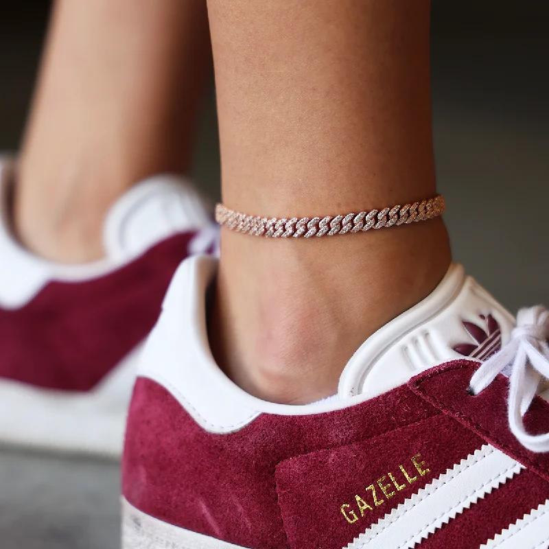 Fashionable Anklets for Bold Fashion Choices-Micro Diamond Prong Cuban Anklet in Rose Gold- 6mm Fashionable Anklets for Bold Fashion Choices-Micro Diamond Prong Cuban Anklet in Rose Gold- 6mm