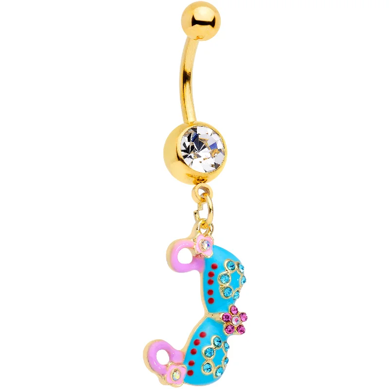 Designer Belly Rings for High-End Fashion -Clear Aqua Pink Gem Gold Tone Bikini Top Dangle Belly Ring Designer Belly Rings for High-End Fashion -Clear Aqua Pink Gem Gold Tone Bikini Top Dangle Belly Ring