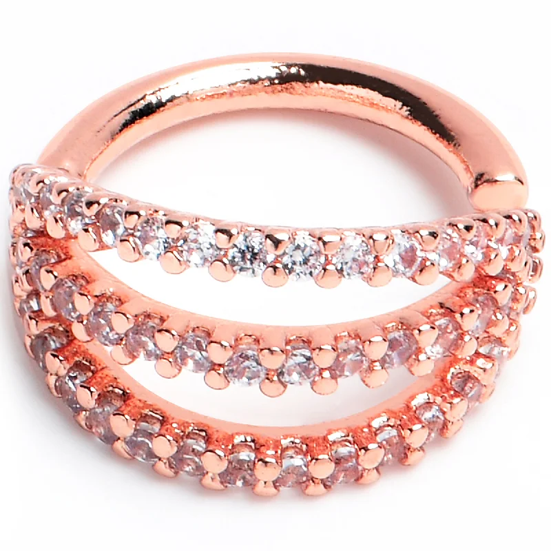 Women's Earrings – Elegant Designs for Every Personality--16 Gauge 5/16 Clear CZ Gem Rose Gold Tone Faux Triple Hoop Closure Ring Women's Earrings – Elegant Designs for Every Personality--16 Gauge 5/16 Clear CZ Gem Rose Gold Tone Faux Triple Hoop Closure Ring