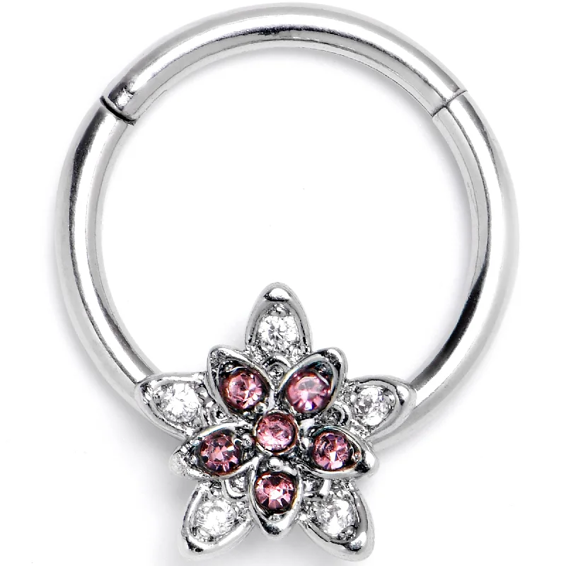 Nose Rings for Teenagers -16 Gauge 3/8 Pink Clear CZ Gem Snowflake Flower Hinged Segment Ring Nose Rings for Teenagers -16 Gauge 3/8 Pink Clear CZ Gem Snowflake Flower Hinged Segment Ring
