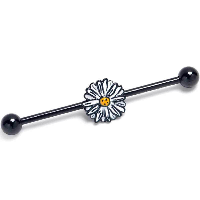 Women's Earrings – Elegant Designs for Every Personality--14 Gauge Black Pretty Daisy Flower Industrial Barbell 38mm