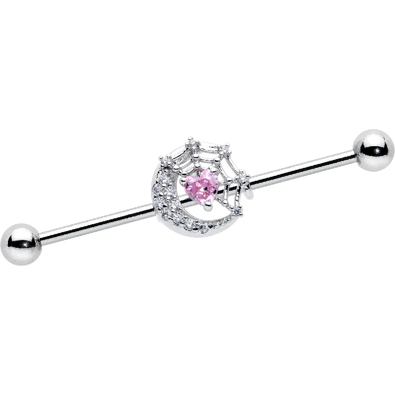 Women's Earrings – Elegant Designs for Every Personality--14 Gauge Pink CZ Gem Heart Web Moon Industrial Barbell 38mm