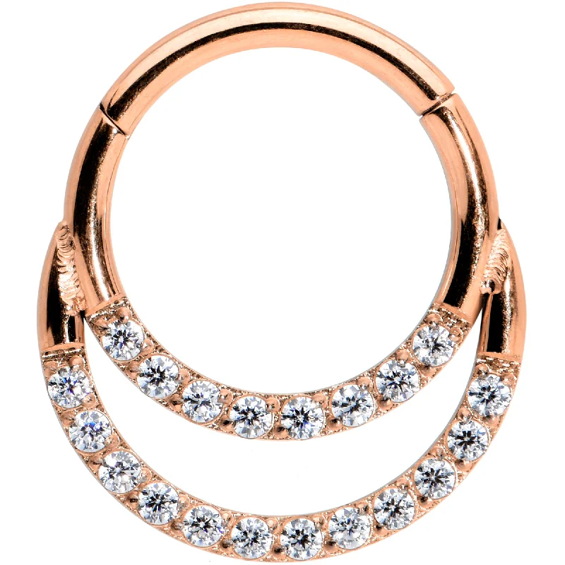 Women's Earrings – Elegant Designs for Every Personality--16 Gauge 5/16 Clear CZ Gem Rose Gold Tone Double Row Segment Ring