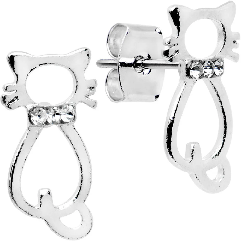 Women's Earrings – Elegant Designs for Every Personality--Clear Gemmed Collar Kitty Cat Stud Earrings Women's Earrings – Elegant Designs for Every Personality--Clear Gemmed Collar Kitty Cat Stud Earrings