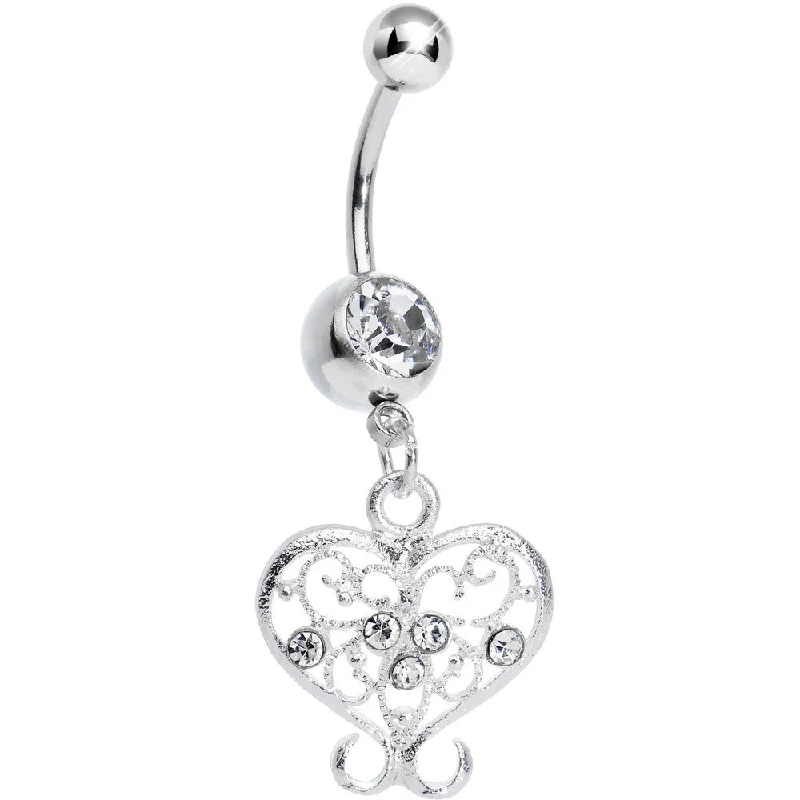 Belly Rings with Vibrant Stones for Stunning Effect -Crystalline Gem Opulent Scrolled Heart Dangle Belly Ring Belly Rings with Vibrant Stones for Stunning Effect -Crystalline Gem Opulent Scrolled Heart Dangle Belly Ring