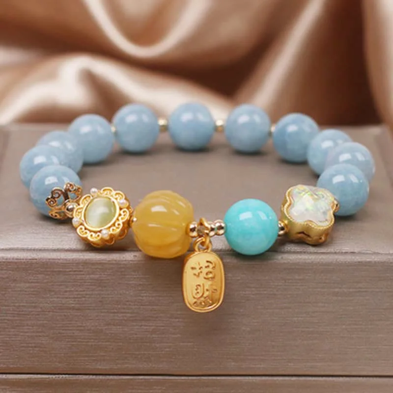Handcrafted Gemstone Bangles for Women-Buddha Stones Aquamarine Pumpkin Pearl Wealth Protection Bracelet Handcrafted Gemstone Bangles for Women-Buddha Stones Aquamarine Pumpkin Pearl Wealth Protection Bracelet
