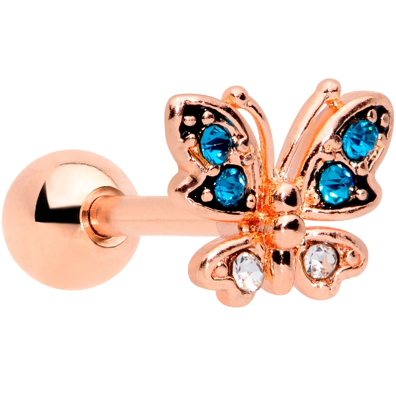 Women's Earrings – Elegant Designs for Every Personality--16 Gauge 1/4 Aqua Gem Rose Gold Tone Glam Butterfly Cartilage Tragus