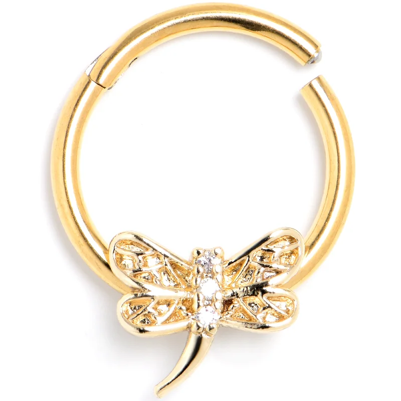 Women's Earrings – Elegant Designs for Every Personality--16 Gauge 3/8 Clear Gem Gold Tone Dragonfly Deluxe Hinged Segment Ring Women's Earrings – Elegant Designs for Every Personality--16 Gauge 3/8 Clear Gem Gold Tone Dragonfly Deluxe Hinged Segment Ring