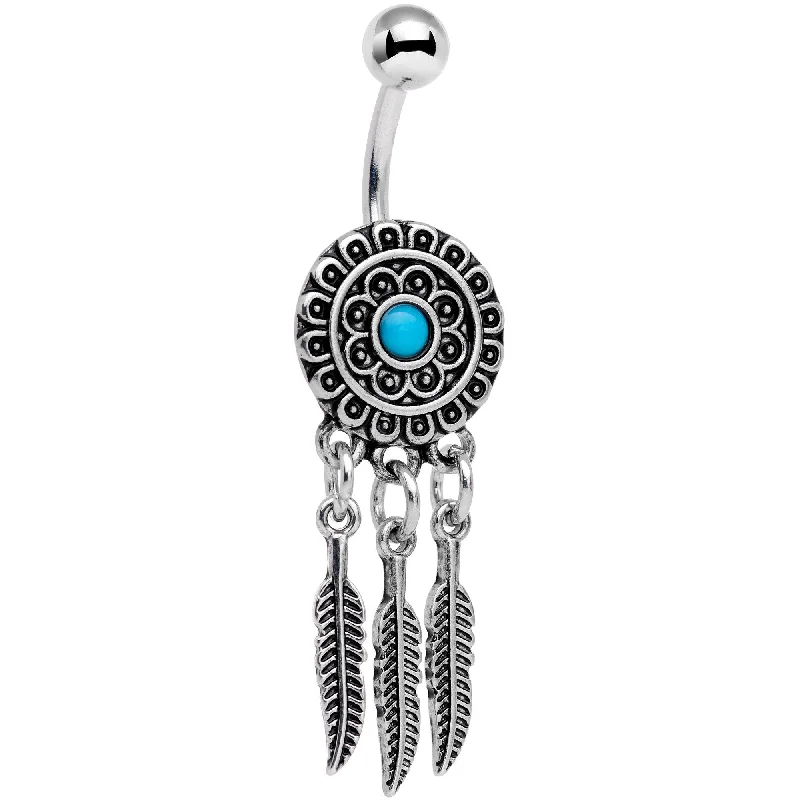 Belly Rings for Piercings -Southwestern Blue Orb Feather Dreamcatcher Dangle Belly Ring Belly Rings for Piercings -Southwestern Blue Orb Feather Dreamcatcher Dangle Belly Ring