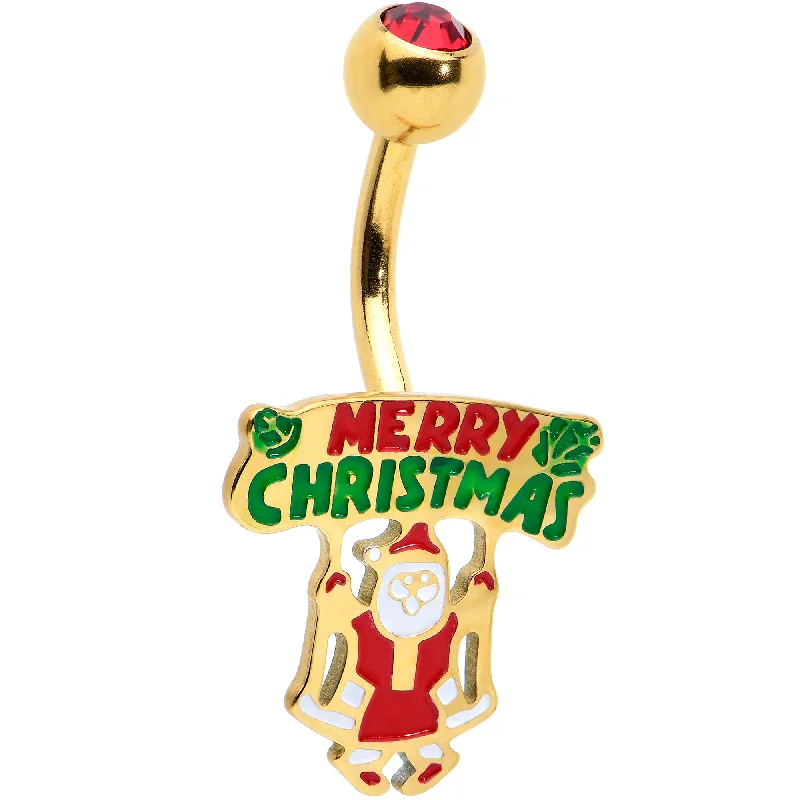 Stunning Belly Rings for Bold Fashion Statements -Red Gem Gold Tone Merry Christmas Santa Inlaid Belly Ring Stunning Belly Rings for Bold Fashion Statements -Red Gem Gold Tone Merry Christmas Santa Inlaid Belly Ring