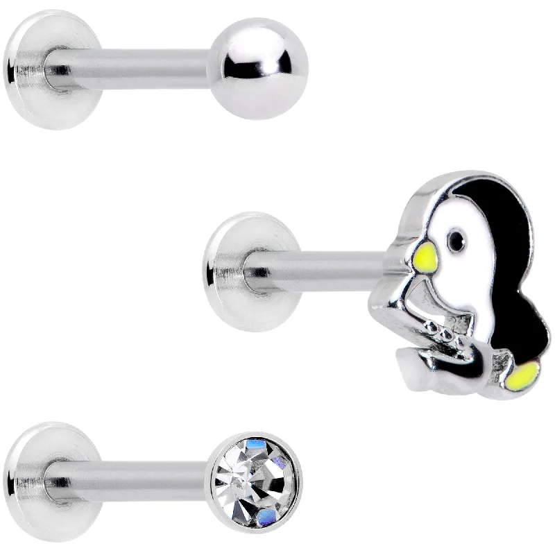 Lip Rings with Beautiful Stone Designs16 Gauge 5/16 Clear Gem Winter Penguin Labret Monroe Tragus Set of 3