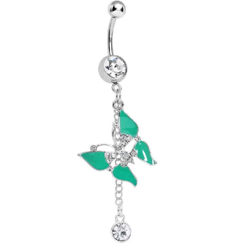Belly Rings with Beautiful Detailing -Clear Gem Mystical Green Wings Butterfly Chain Dangle Belly Ring Belly Rings with Beautiful Detailing -Clear Gem Mystical Green Wings Butterfly Chain Dangle Belly Ring