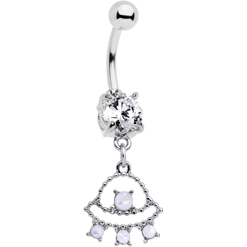Stylish Belly Rings for Fashionable Look -Clear CZ Gem White Faux Opal UFO Dangle Belly Ring