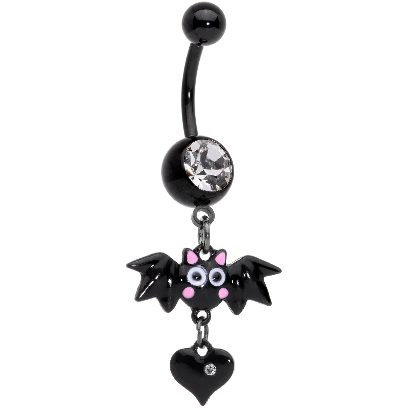 Trendy Belly Rings for Personalized Fashion -Clear Gem Black Heart Vampire Bat Halloween Dangle Belly Ring Trendy Belly Rings for Personalized Fashion -Clear Gem Black Heart Vampire Bat Halloween Dangle Belly Ring