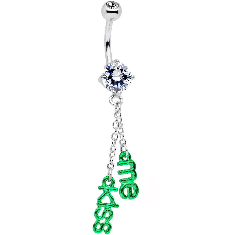 Comfortable Belly Rings for Casual Looks -Clear CZ Gem St Patricks Day Kiss Me Dangle Belly Ring Comfortable Belly Rings for Casual Looks -Clear CZ Gem St Patricks Day Kiss Me Dangle Belly Ring