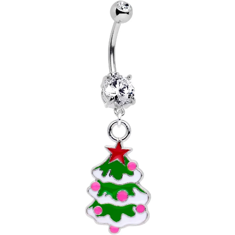 Stylish Belly Rings with Subtle Beauty -Snowy Christmas Tree Dangle Belly Ring Created with Crystals Stylish Belly Rings with Subtle Beauty -Snowy Christmas Tree Dangle Belly Ring Created with Crystals
