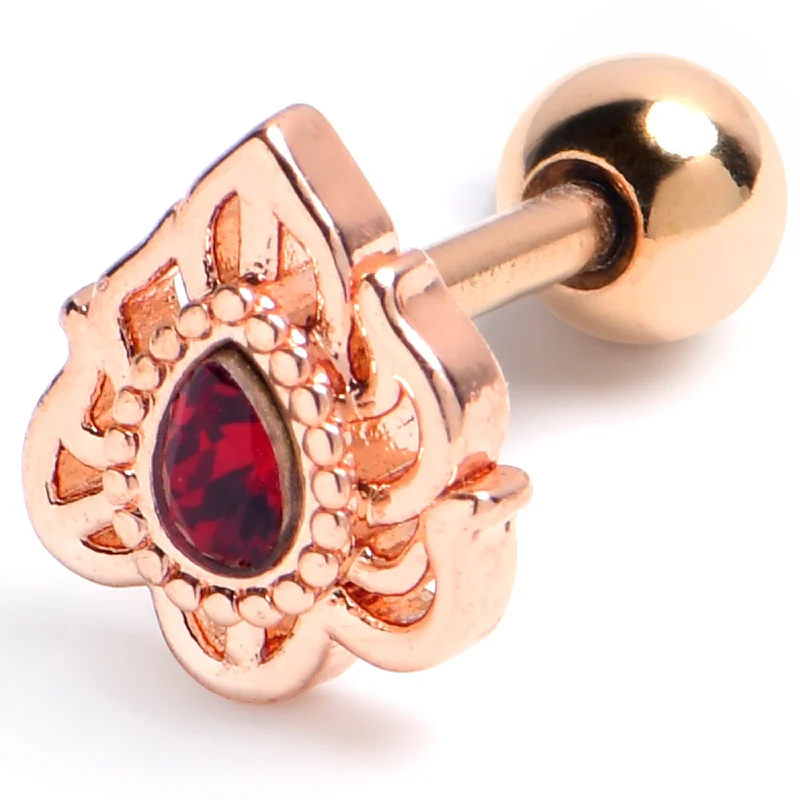 Women's Earrings – Elegant Designs for Every Personality--16 Gauge 1/4 Red Gem Rose Gold Tone Firey Flame Cartilage Tragus Earring