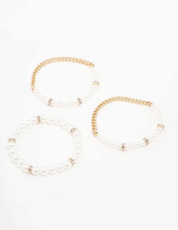 Customizable Gemstone Bangles for Women-Gold Beaded Pearl Stretch Bracelet Pack