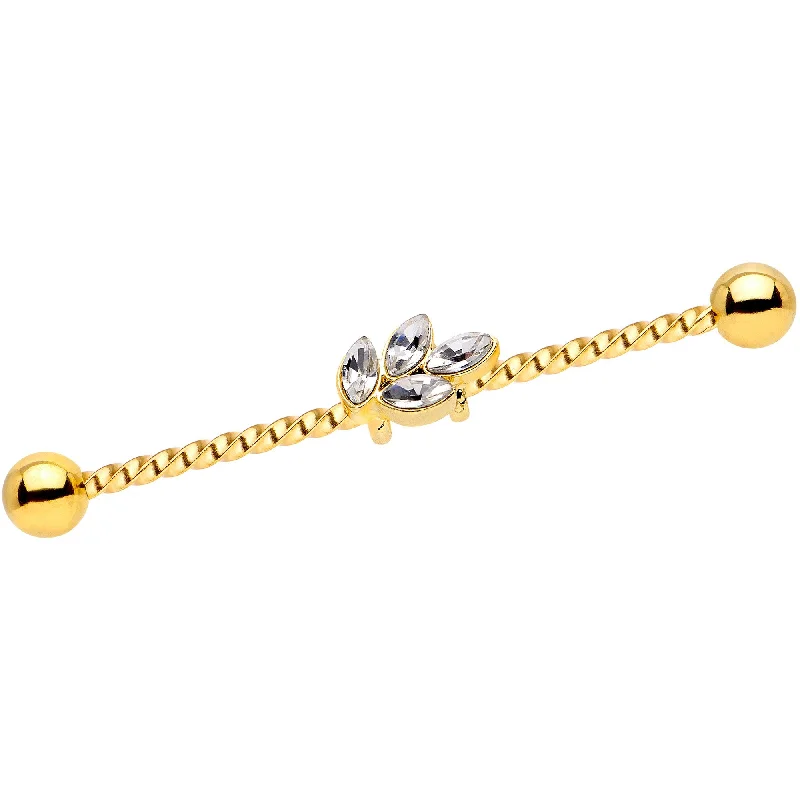 Women's Earrings – Elegant Designs for Every Personality--14 Gauge Clear Gem Gold Tone Leaf Industrial Barbell 38mm