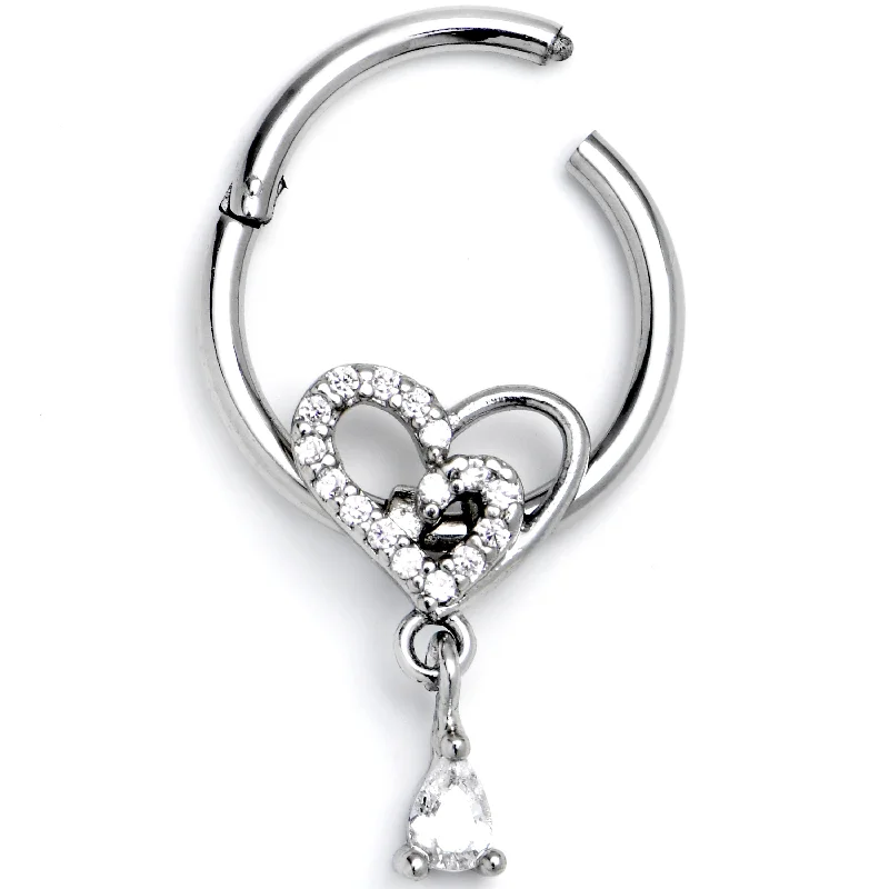 Women's Earrings – Elegant Designs for Every Personality--16 Gauge 3/8 Clear CZ Gem Asymmetrical Heart Dangle Hinged Segment Ring Women's Earrings – Elegant Designs for Every Personality--16 Gauge 3/8 Clear CZ Gem Asymmetrical Heart Dangle Hinged Segment Ring