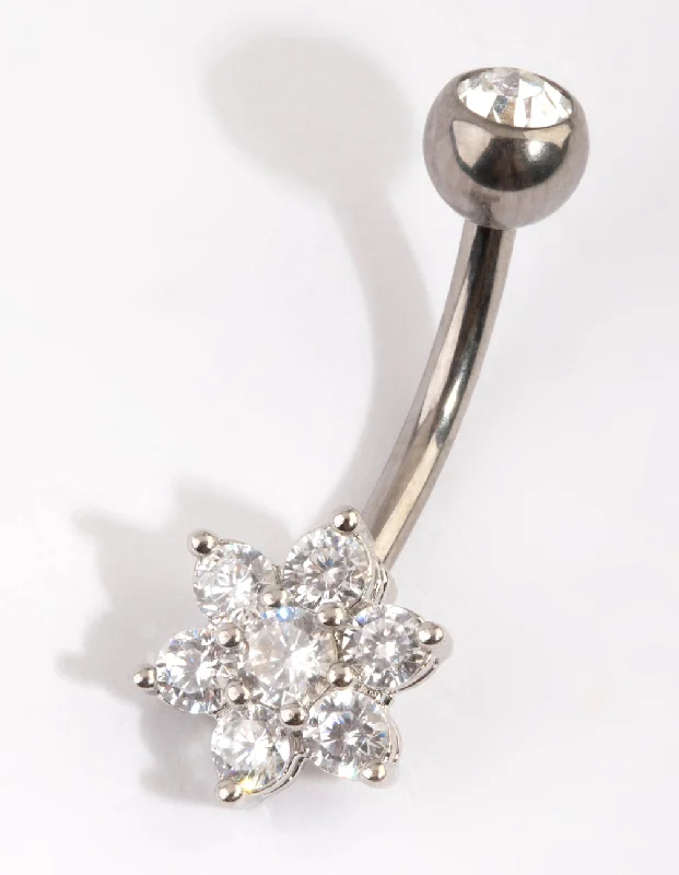 Comfortable Belly Rings with Bold Detailing -Titanium Diamante Flower Belly Bar