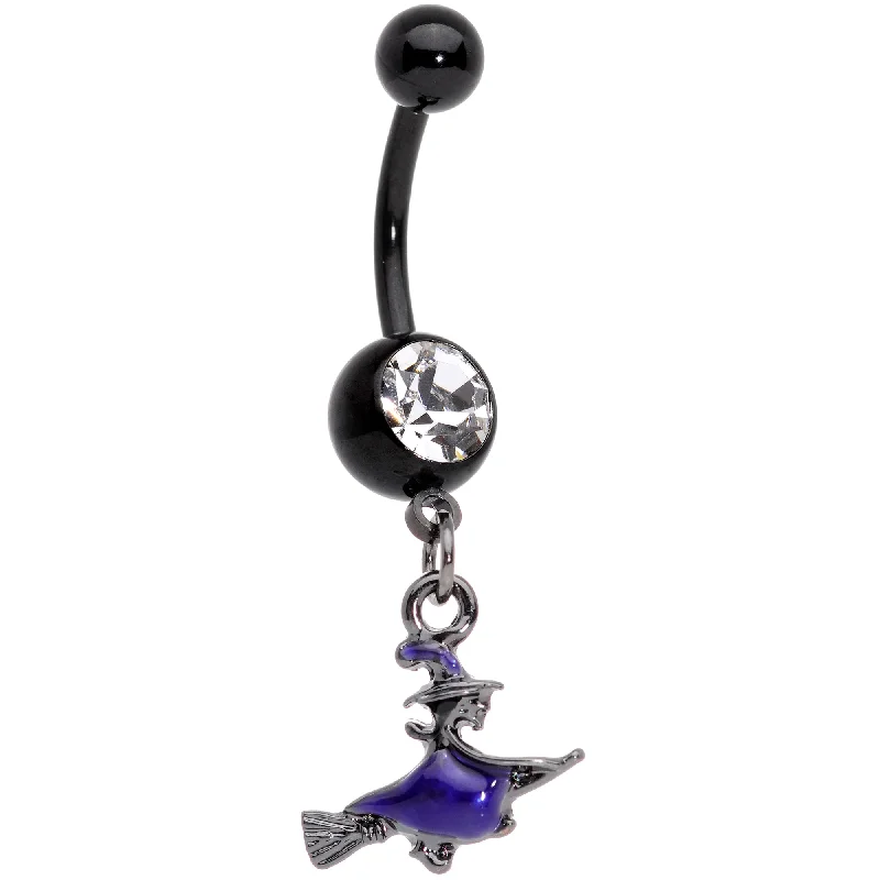 Comfortable Belly Rings with Sleek Design -Clear Gem Black Purple Broom Witch Halloween Dangle Belly Ring Comfortable Belly Rings with Sleek Design -Clear Gem Black Purple Broom Witch Halloween Dangle Belly Ring