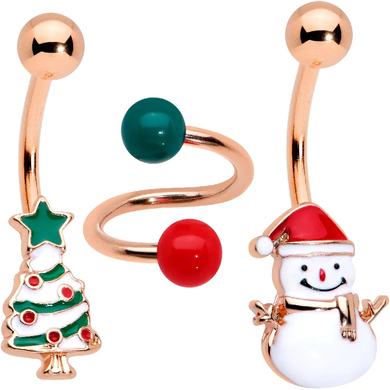Comfortable Belly Rings for Sensitive Skin -Red Gem Rose Gold Tone Snowman Christmas Spiral Belly Ring Set of 3 Comfortable Belly Rings for Sensitive Skin -Red Gem Rose Gold Tone Snowman Christmas Spiral Belly Ring Set of 3