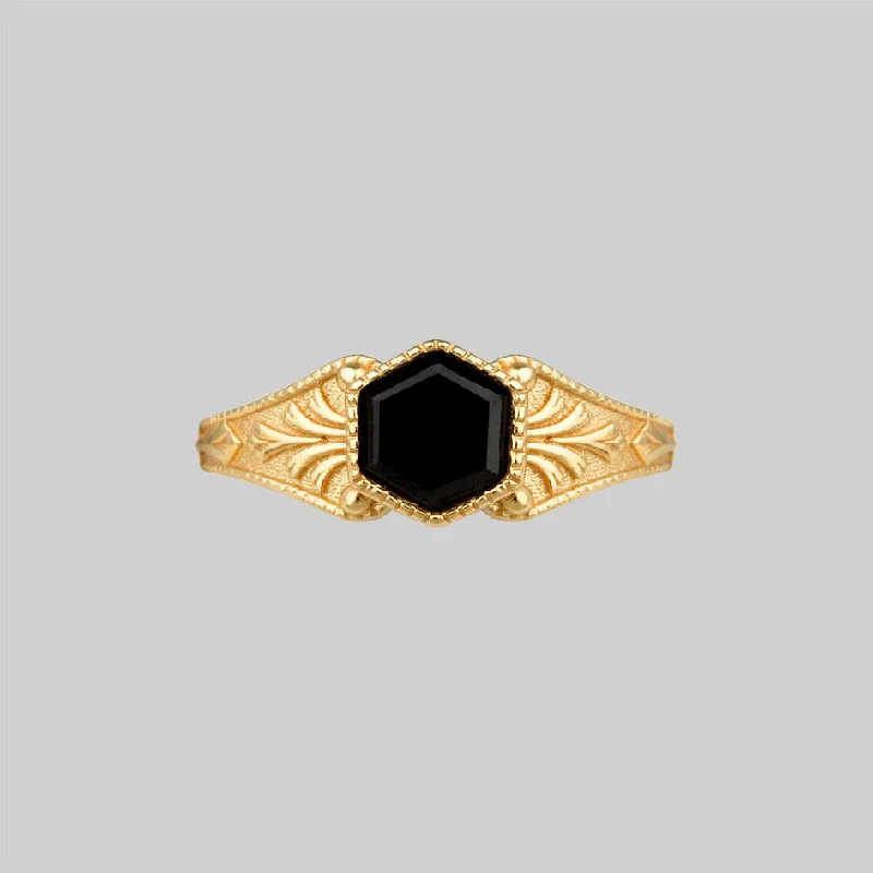 Chic Women's Rings for Fashion-Forward Looks-RELIC. Onyx Hexagon Ring - Gold