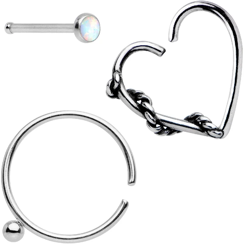Stainless Steel Nose Rings -20 Gauge White Faux Opal Nose Bone Heart Closure Ring Pack Set of 3 Stainless Steel Nose Rings -20 Gauge White Faux Opal Nose Bone Heart Closure Ring Pack Set of 3
