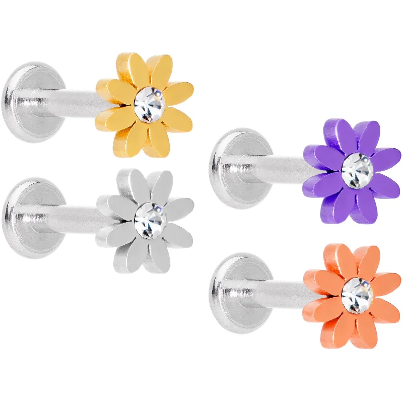 Women's Earrings – Elegant Designs for Every Personality--Clear Gem Multicolor Internally Threaded Flower Labret Set of 4