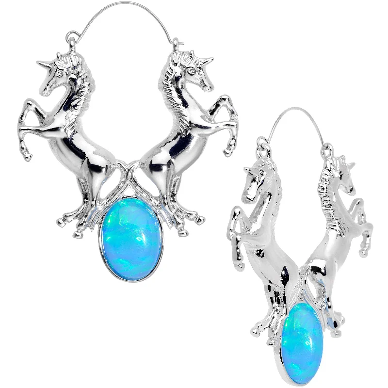 Women's Earrings – Elegant Designs for Every Personality--Blue Faux Opal Leaping Unicorns Tunnel Plug Earrings