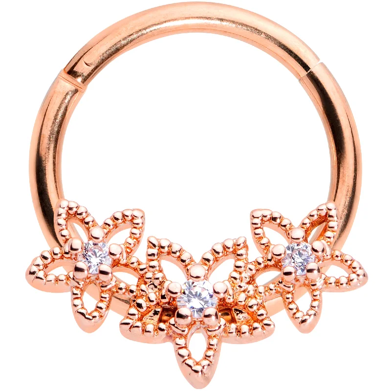 Nose Rings for Sensitive Skin -16 Gauge 3/8 Clear CZ Gem Rose Gold Tone Floral Hinged Segment Ring Nose Rings for Sensitive Skin -16 Gauge 3/8 Clear CZ Gem Rose Gold Tone Floral Hinged Segment Ring