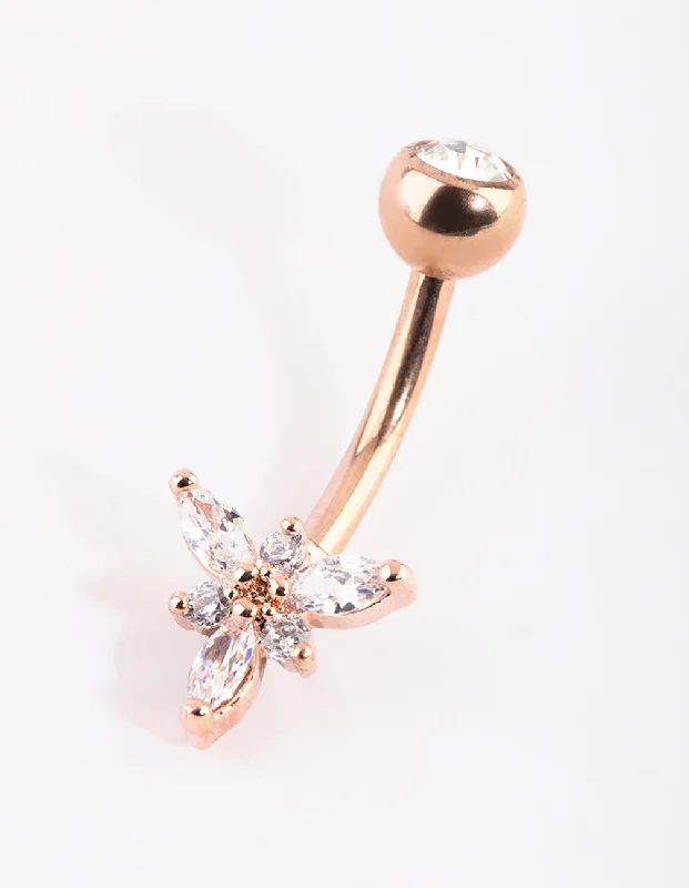 Comfortable Belly Rings with Custom Fit -Rose Gold Plated Titanium Diamante Belly Bar Comfortable Belly Rings with Custom Fit -Rose Gold Plated Titanium Diamante Belly Bar