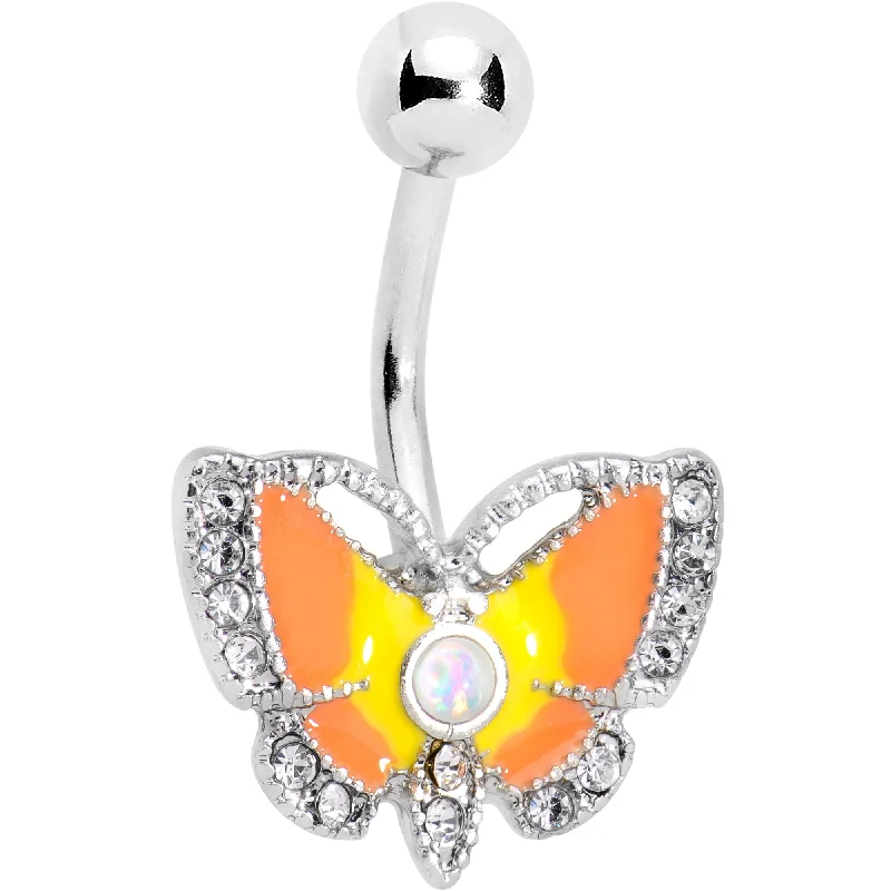 Custom Belly Rings with Personalized Features -White Faux Opal Orange Moth To a Flame Belly Ring Custom Belly Rings with Personalized Features -White Faux Opal Orange Moth To a Flame Belly Ring