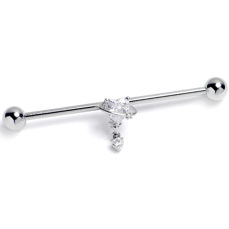 Women's Earrings – Elegant Designs for Every Personality--14 Gauge Clear CZ Gem Saturn Heart Dangle Industrial Barbell 38mm Women's Earrings – Elegant Designs for Every Personality--14 Gauge Clear CZ Gem Saturn Heart Dangle Industrial Barbell 38mm
