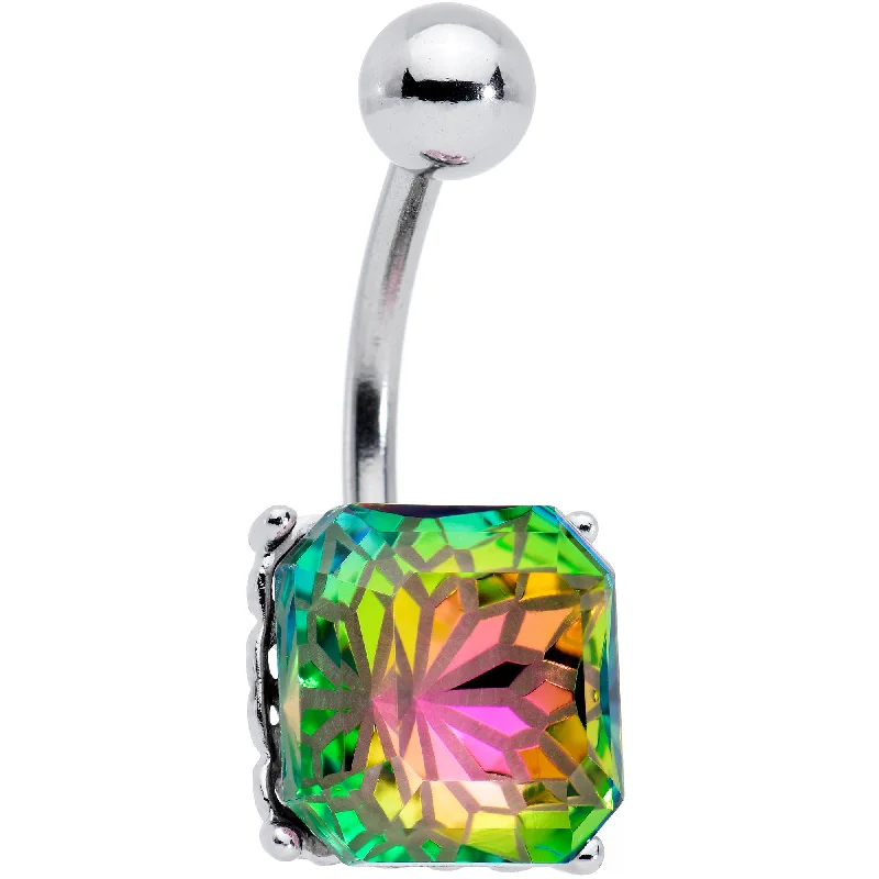 Custom Belly Rings for Fashionable Touch -Vitrail Gem Square Stylish Elegance Mandala Flower Belly Ring Custom Belly Rings for Fashionable Touch -Vitrail Gem Square Stylish Elegance Mandala Flower Belly Ring