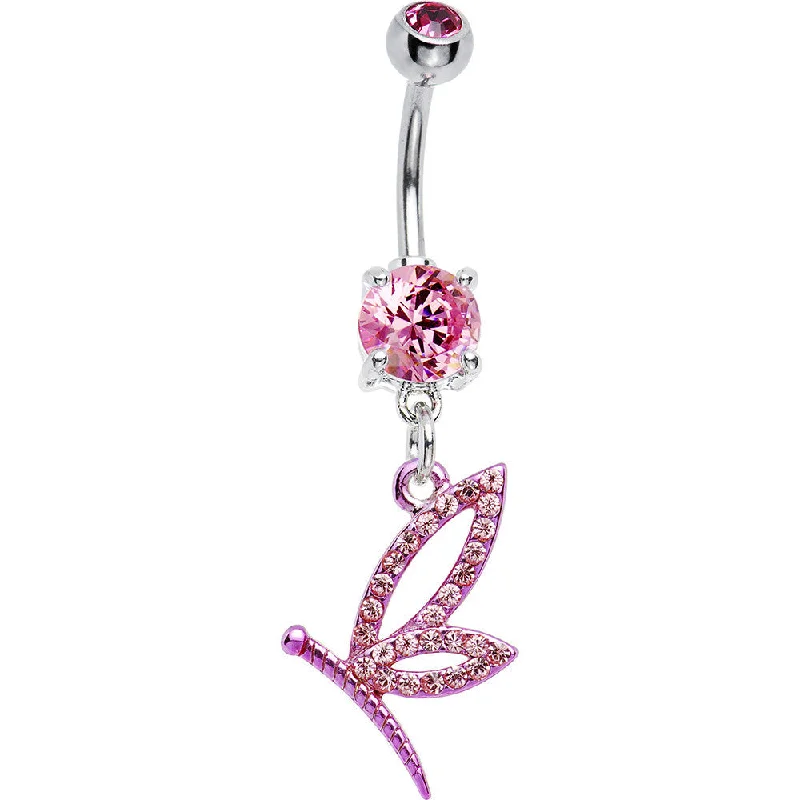 Unique Belly Rings with Beautiful Accents -Pink Cubic Zirconia Dragonfly Belly Ring