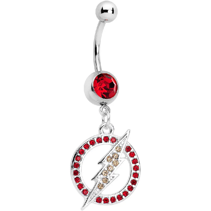 Trendy Belly Rings for Personalized Fashion -Red Gem Stainless Steel Licensed The Flash Logo Dangle Belly Ring Trendy Belly Rings for Personalized Fashion -Red Gem Stainless Steel Licensed The Flash Logo Dangle Belly Ring