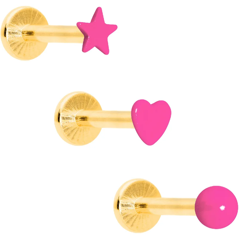 Lip Rings for a Bold Piercing Statement16 Gauge 5/16 Gold Tone Pink Glow Star Heart Labret Set of 3