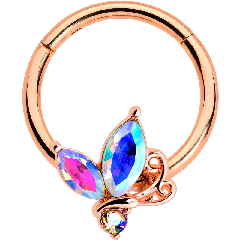 Women's Earrings – Elegant Designs for Every Personality--16 Gauge 3/8 Aurora CZ Gem Rosy Tone Fleur de Lis Butterfly Hinged Segment Ring