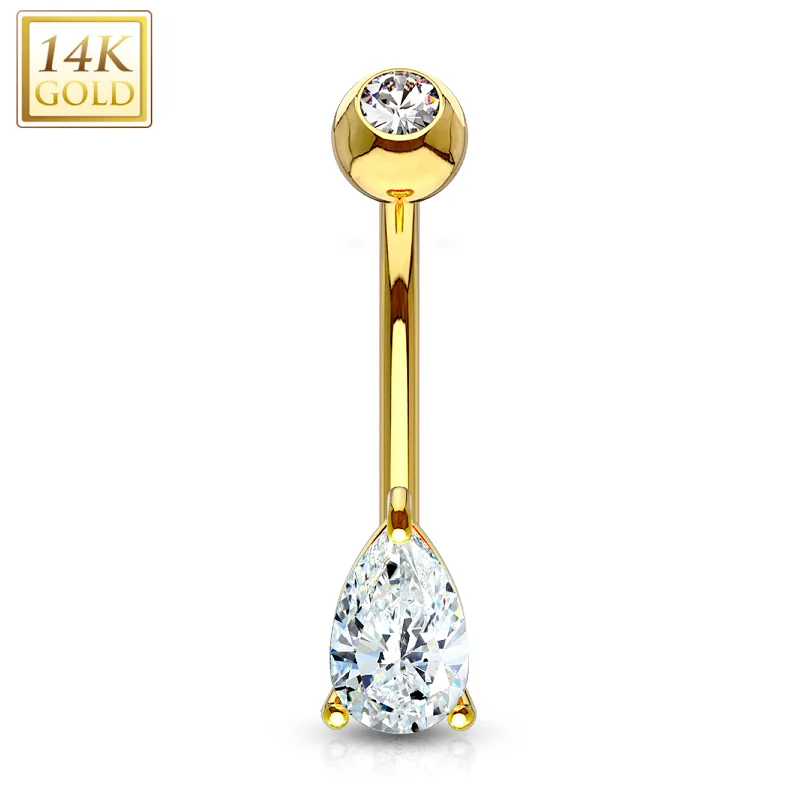 Designer Belly Rings for Glamorous Appeal -14kt Solid Yellow Gold 6mm CZ Deluxe Tear Drop Belly Ring Designer Belly Rings for Glamorous Appeal -14kt Solid Yellow Gold 6mm CZ Deluxe Tear Drop Belly Ring