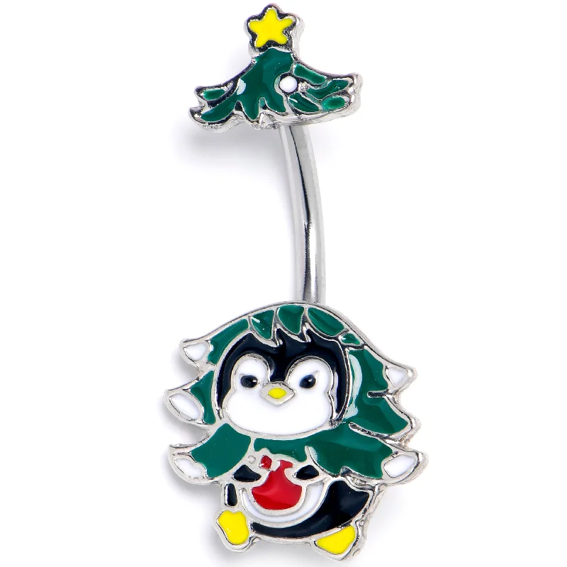 Unique Belly Rings with Shiny Detailing -Christmas Tree Penguin Double Mount Belly Ring Unique Belly Rings with Shiny Detailing -Christmas Tree Penguin Double Mount Belly Ring