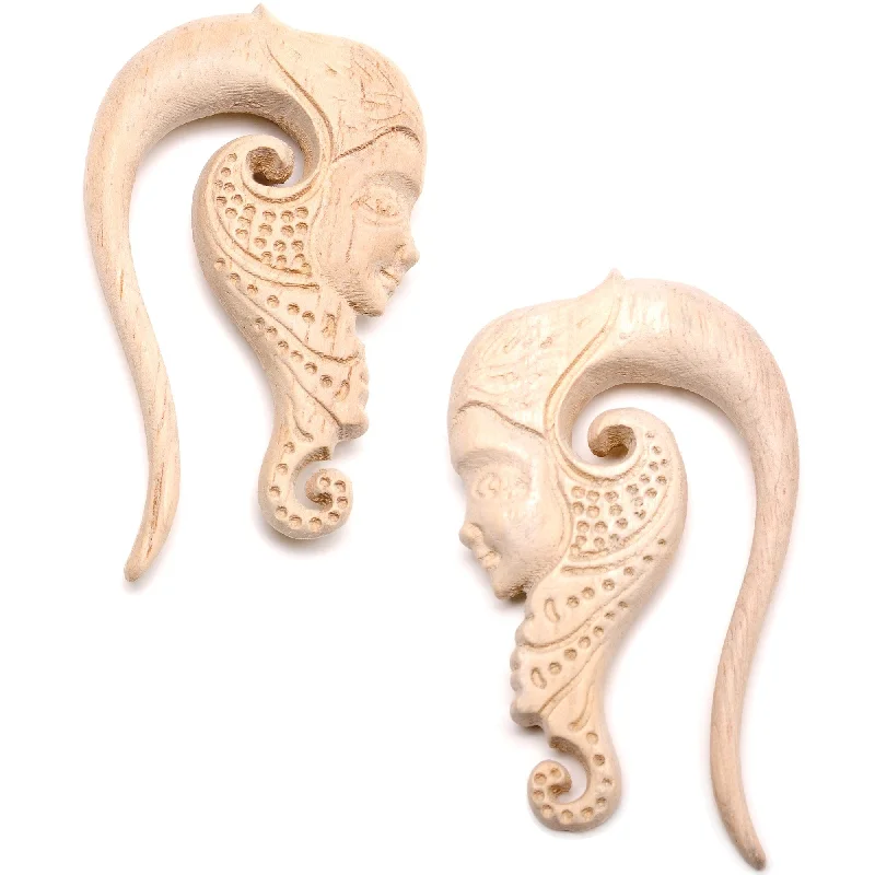 Women's Earrings – Elegant Designs for Every Personality--00 Gauge Hand Carved Wood Forest Nymph Hanger Plug Set