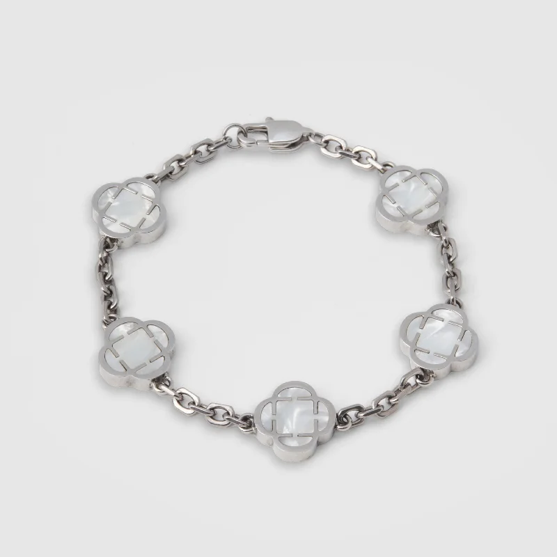 Leather Strap Bracelets for Men-White Clover Stone Bracelet (Silver)