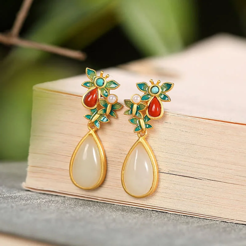 Women's Earrings – Elegant Designs for Every Personality--Buddha Stones Water Drop White Jade Red Agate Butterfly Protection Drop Dangle Earrings