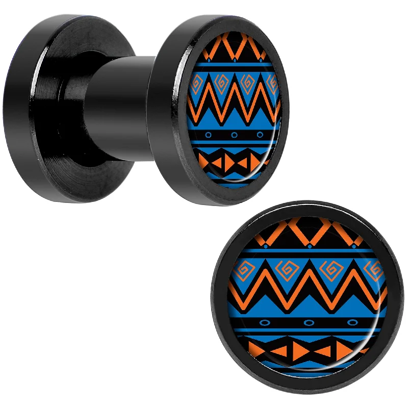 Women's Earrings – Elegant Designs for Every Personality--Blue Orange Tribal Print Black Anodized Screw Fit Plug Set 4 Gauge