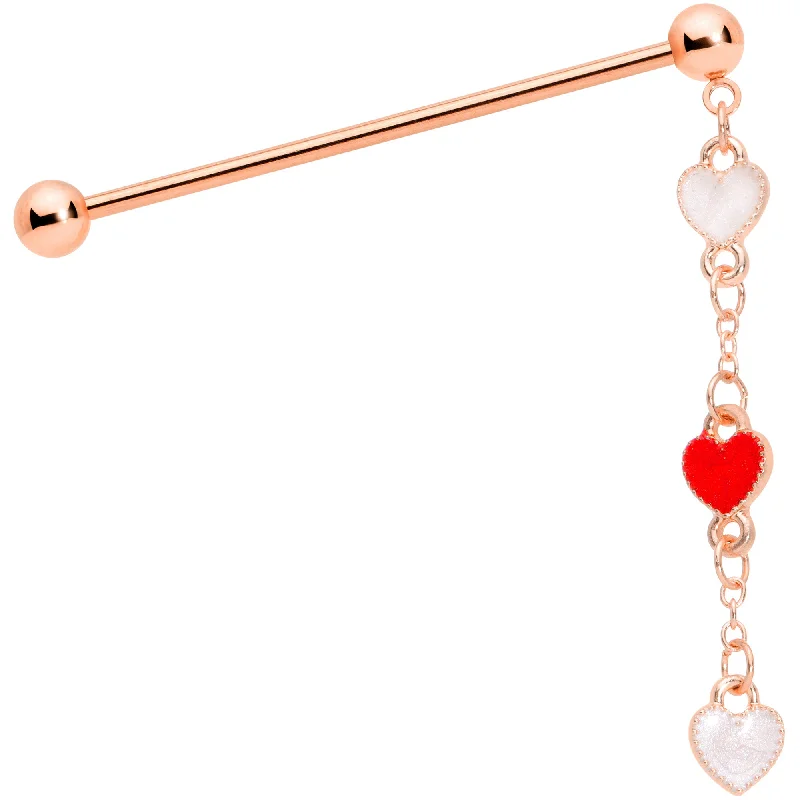Women's Earrings – Elegant Designs for Every Personality--14 Gauge Red White Rose Gold Tone Hearts Dangle Industrial Barbell 38mm Women's Earrings – Elegant Designs for Every Personality--14 Gauge Red White Rose Gold Tone Hearts Dangle Industrial Barbell 38mm