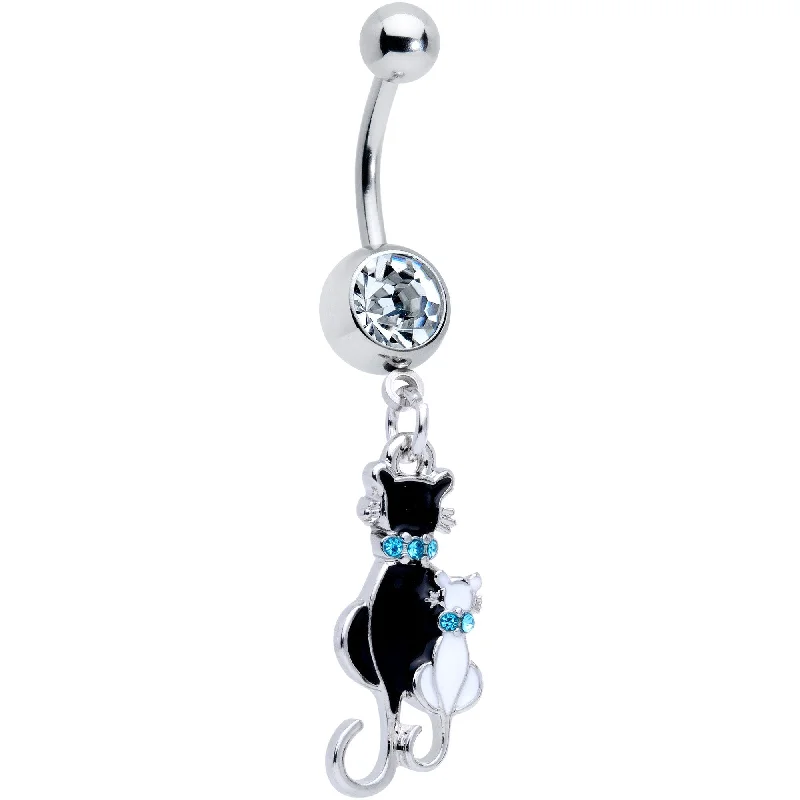 Trendy Belly Rings for Unique Fashion -Clear Gem Black and White Cat Family Dangle Belly Ring Trendy Belly Rings for Unique Fashion -Clear Gem Black and White Cat Family Dangle Belly Ring