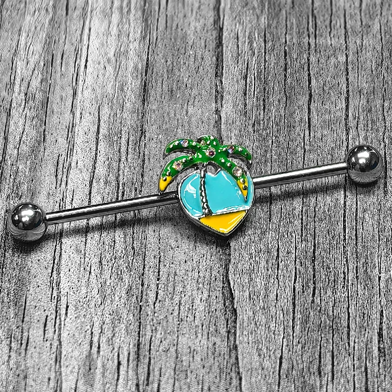 Women's Earrings – Elegant Designs for Every Personality--14 Gauge Beach Heart Palm Tree Industrial Barbell 38mm