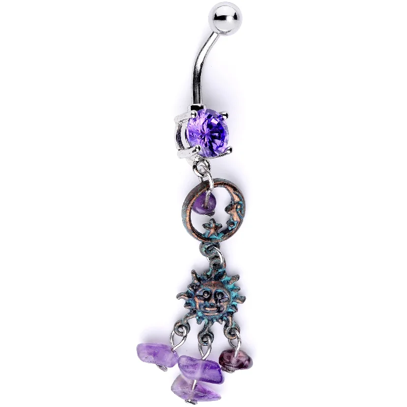 Designer Belly Rings for Dazzling Effect -Purple Gem Solstice Sun Moon Dangle Belly Ring Designer Belly Rings for Dazzling Effect -Purple Gem Solstice Sun Moon Dangle Belly Ring